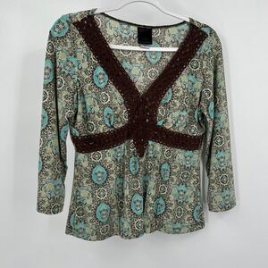 Womens Y2K Boho Babydoll Top Size M Crochet Trim Retro Print Fairy Grunge Indie